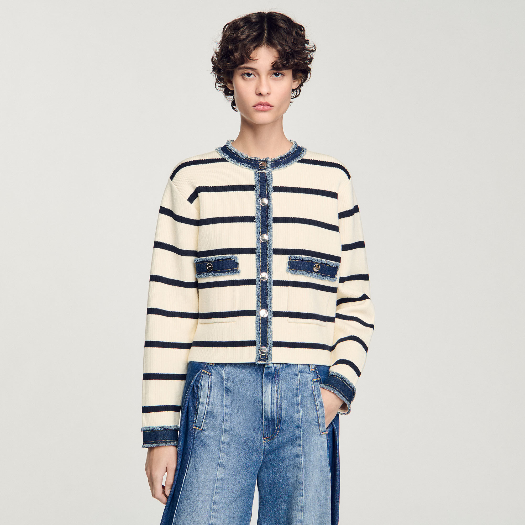 Cardigan rayé à détails denim