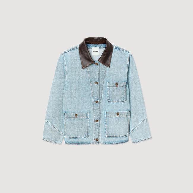 Blouson en jean à col en cuir