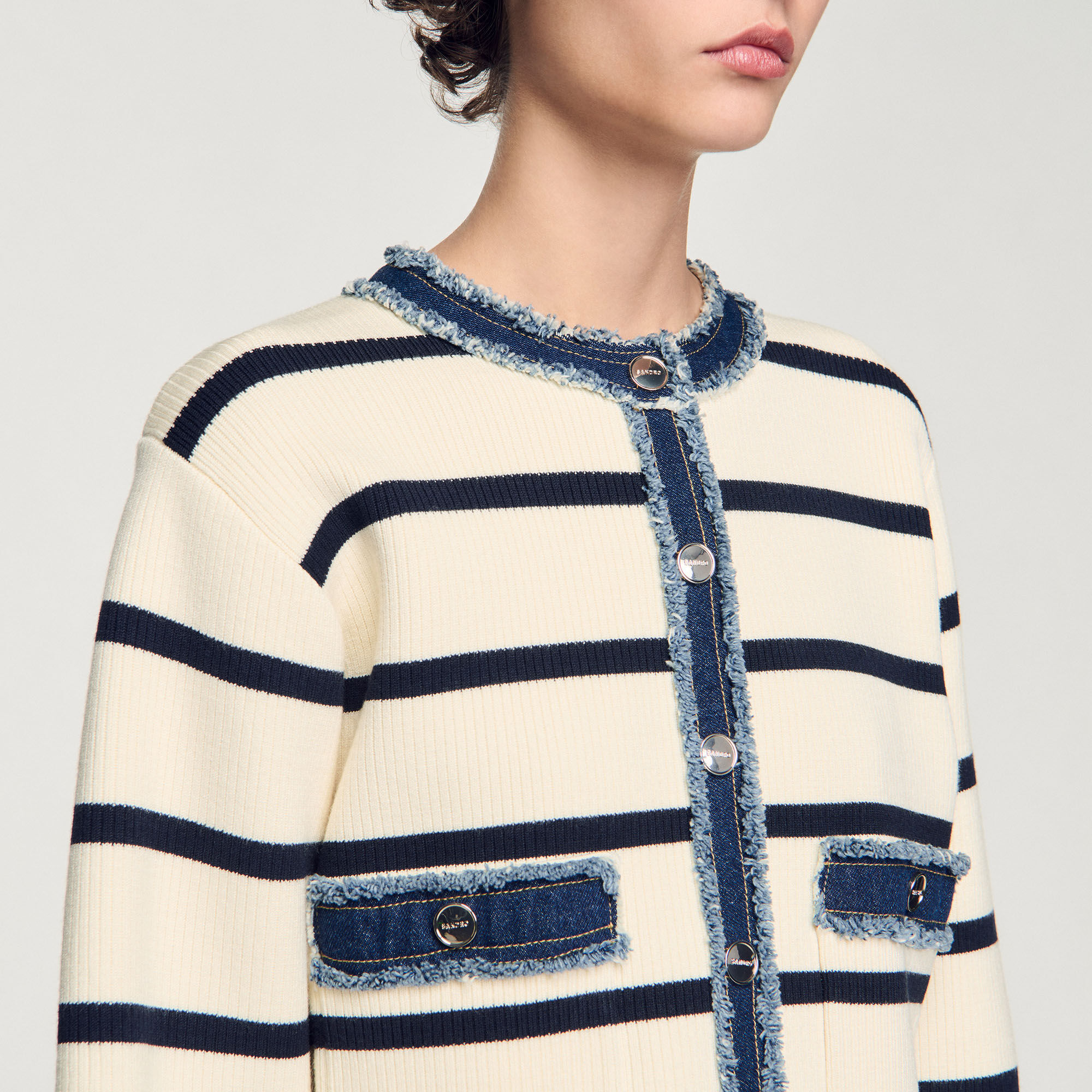 Cardigan rayé à détails denim